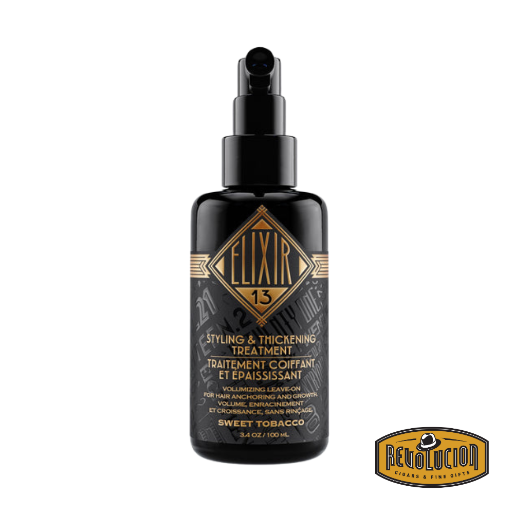 18.21 Man Made Elixir Styling & Thickening Treatment – sleek black pump bottle designed for advanced hair care and grooming.