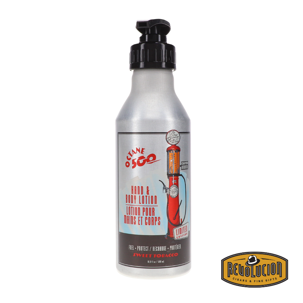 Front view of the 18.21 Man Made Octane 500 Hand and Body Lotion in Sweet Tobacco scent, showing a stylish amber pump bottle with vintage-style branding and bold product name.