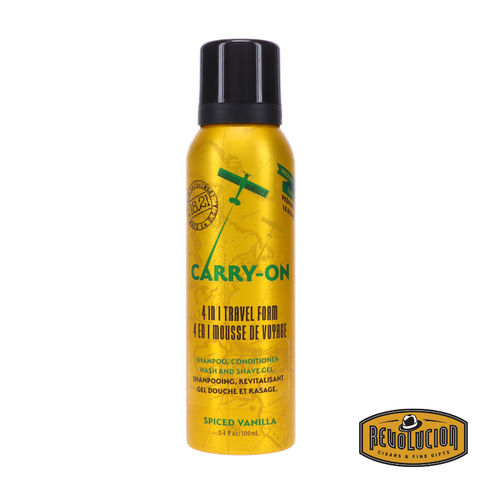 18.21 Man Made Spiced Vanilla Carry-On 4-in-1 Travel Foam – dual-view image showing the front of the travel-size grooming foam, featuring elegant, vintage-style packaging with detailed product information.