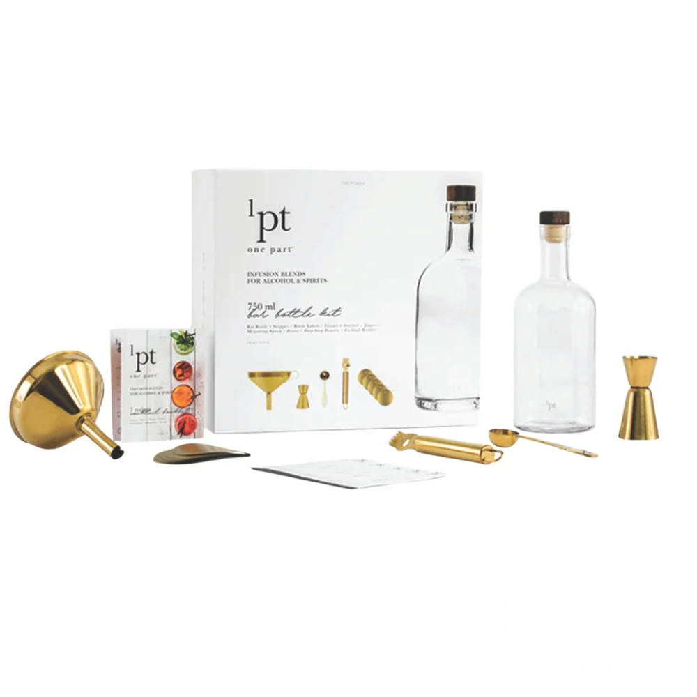 1pt Infusion Bar Bottle Kit displayed with all included tools, featuring a sleek infusion bottle, strainer, and measuring accessories, designed for crafting infused spirits at home.