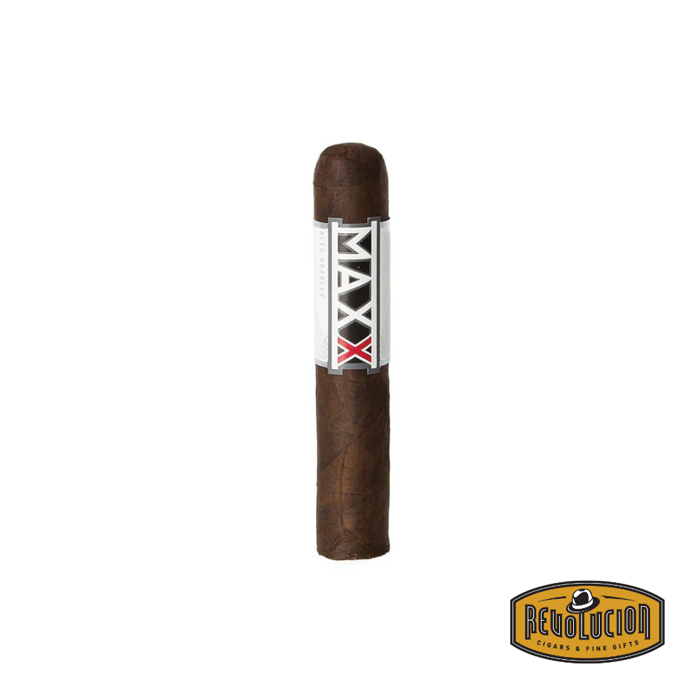 Alec Bradley Maxx - The Fix Medium Strength Honduran Cigar with a bold black-and-silver band, set against a rustic wooden background.