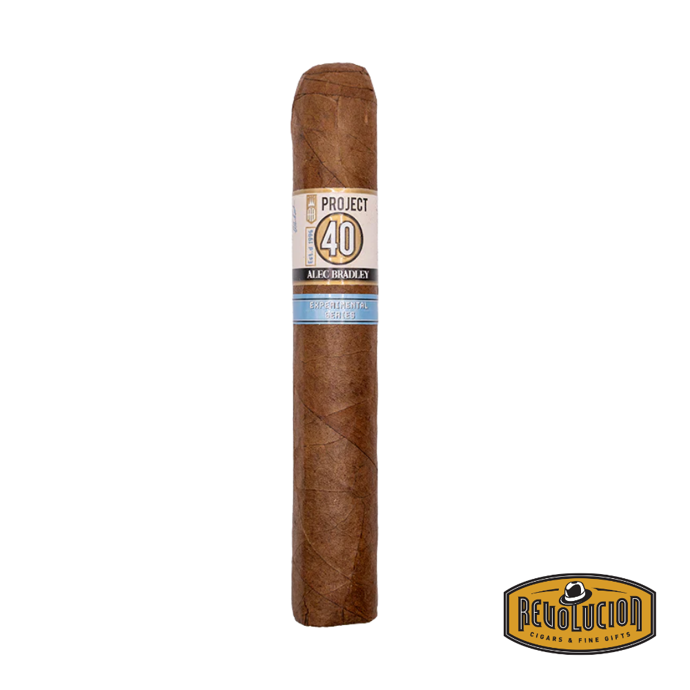 Alec Bradley Project 40 Gordo Medium Strength Cigar displayed on a white background with the Revolucion logo, highlighting its large ring gauge and smooth wrapper.