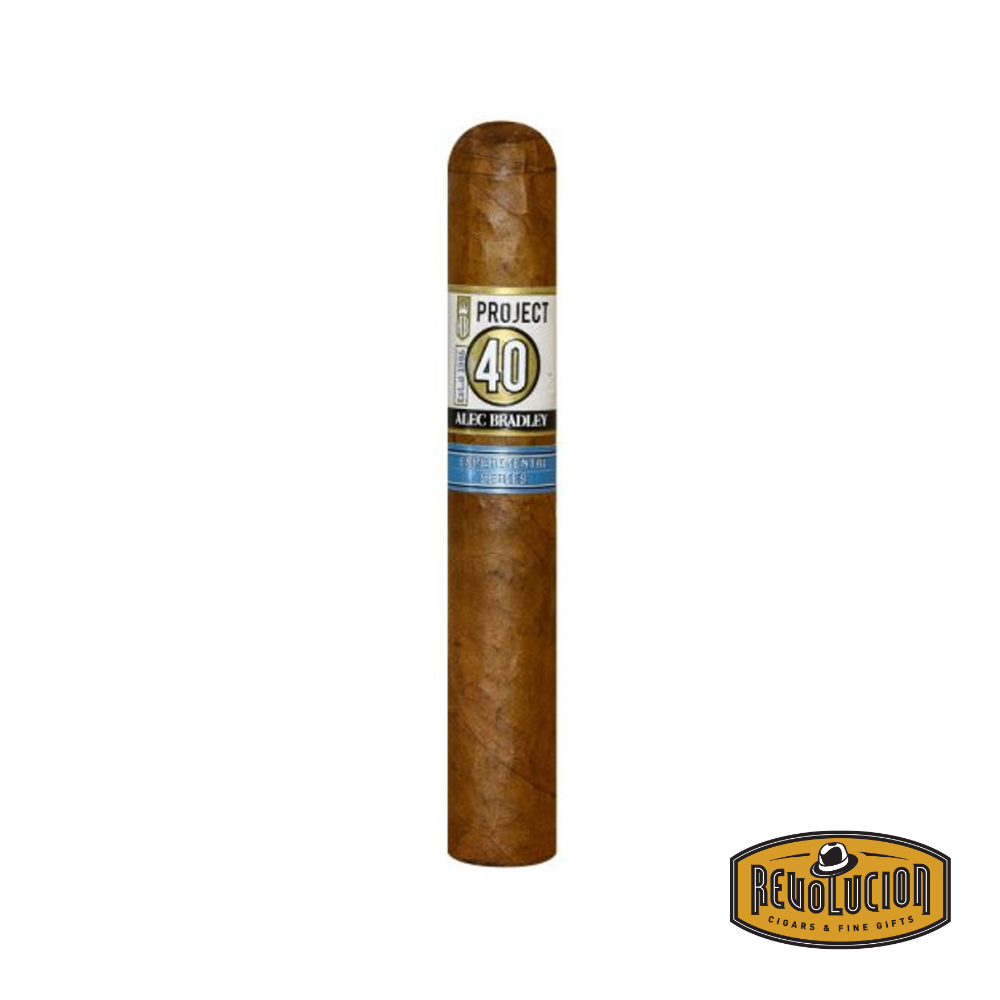 Alec Bradley Project 40 Robusto cigar with a smooth brown wrapper and a decorative band featuring gold, white, and blue accents.