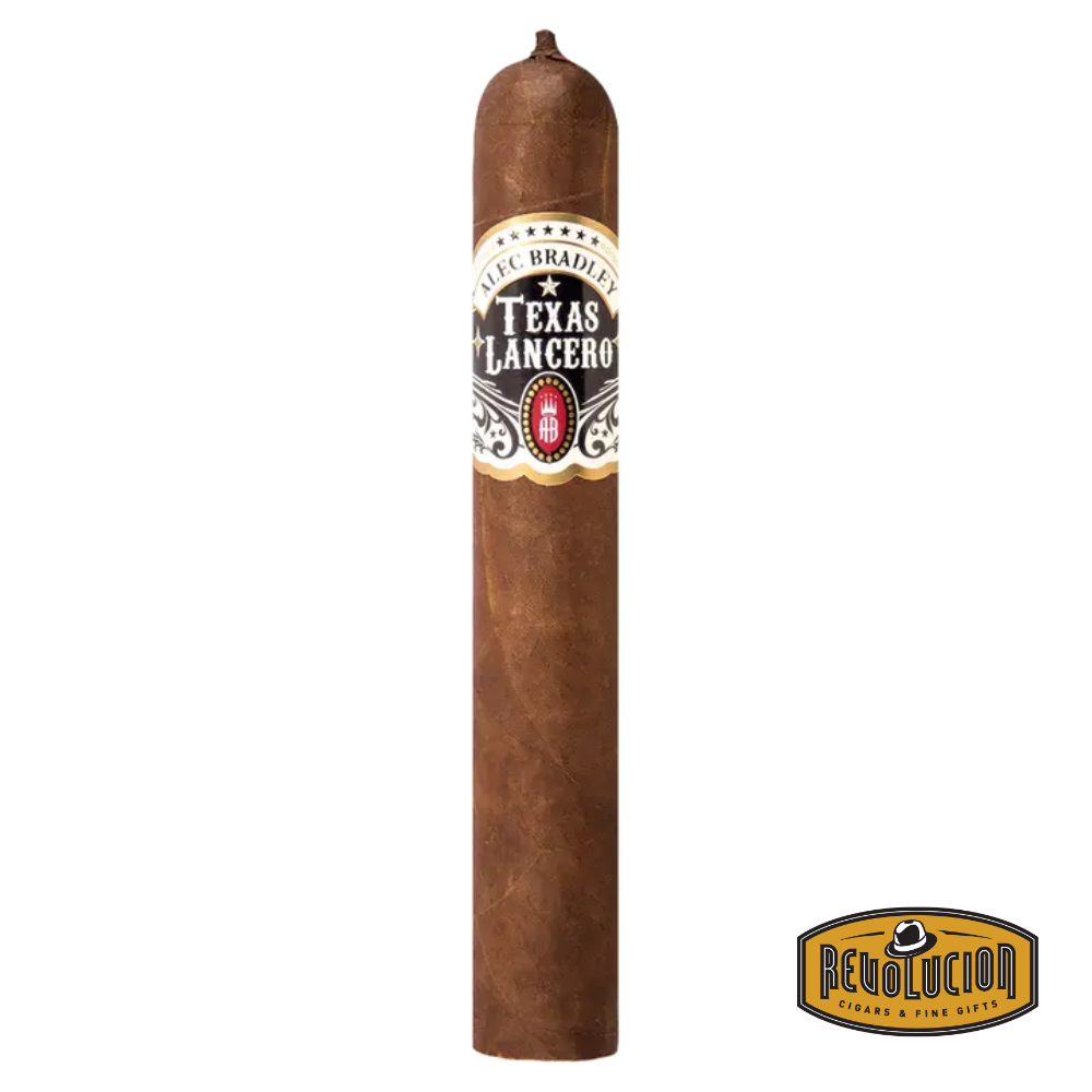 Alec Bradley Texas Lancero cigar placed on a white background with the Revolucion logo, highlighting its impressive length and detailed band.