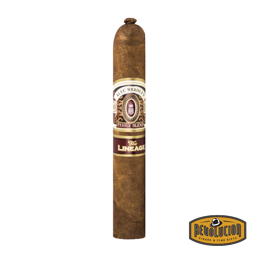 Alec Bradley The Lineage Gordo cigar displayed on a white background with the Revolucion logo, highlighting its smooth wrapper and detailed band design.