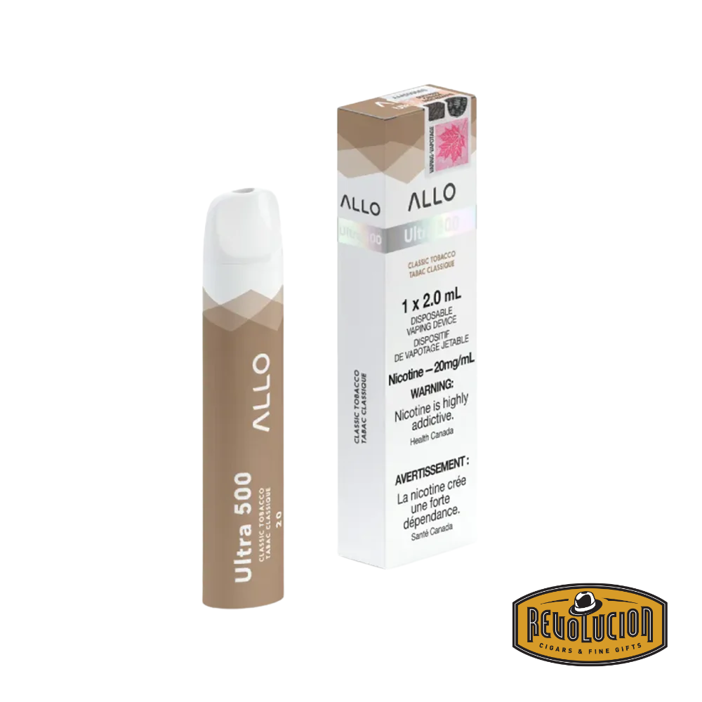 Allo Ultra 500 Disposable in Classico Tobacco 20mg/ml, a compact disposable vape featuring a classic, smooth tobacco flavor with a balanced nicotine hit.