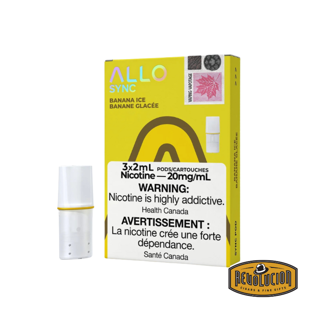 Allo Sync Pod Banana Ice, a 20mg/ml prefilled pod offering creamy banana flavor blended with a cool menthol finish.