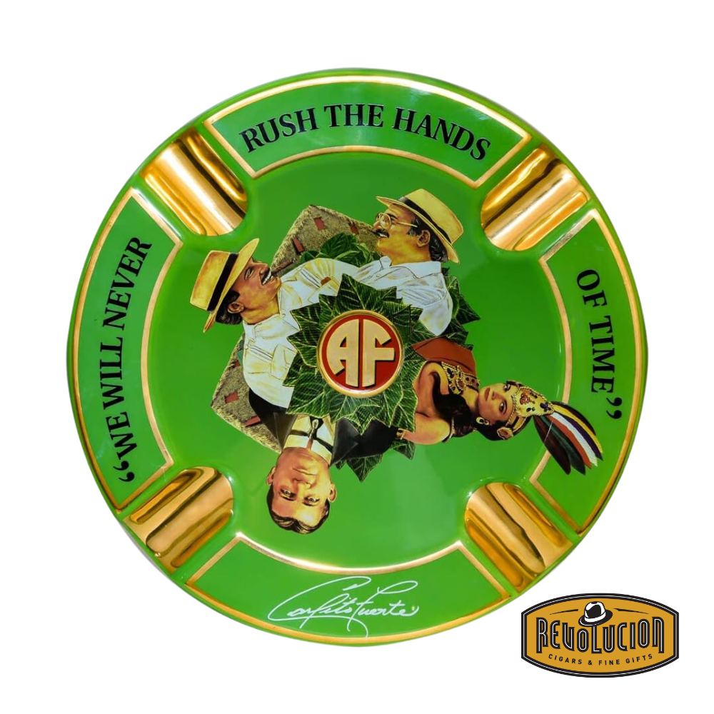Arturo Fuente 'Journey Through Time' Ashtray in Green, featuring a vibrant design with four gold cigar grooves and iconic Arturo Fuente artwork, displayed with the Revolucion Cigars & Fine Gifts logo.