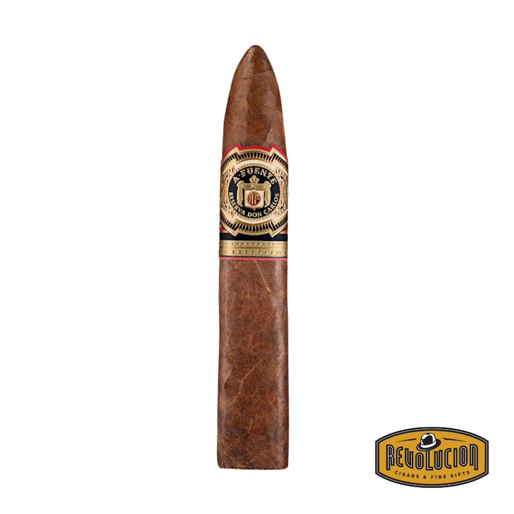 Arturo Fuente Don Carlos Eye of the Shark cigar featuring a unique box-pressed torpedo shape, adorned with an intricate band highlighting the brand’s emblem.