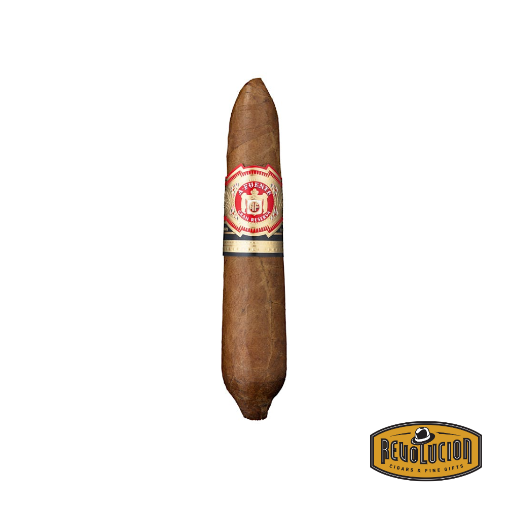 Arturo Fuente Hemingway Work of Art Natural cigar on a white background with the Revolucion logo, featuring its signature figurado shape and natural wrapper.