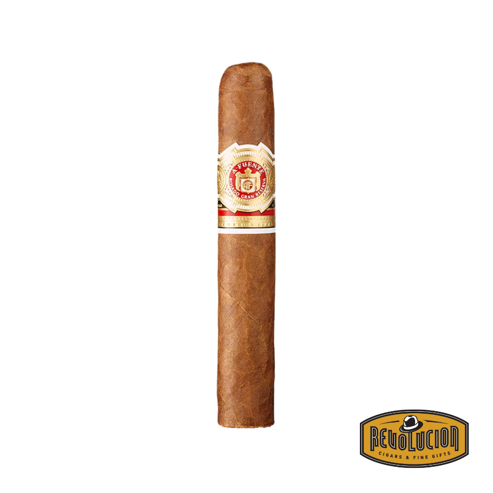 Arturo Fuente Rosado Sungrown Magnum R Vitola Fifty Two Dominican cigar on a white background with the Revolucion logo, featuring a medium-full strength profile and the iconic Arturo Fuente band.