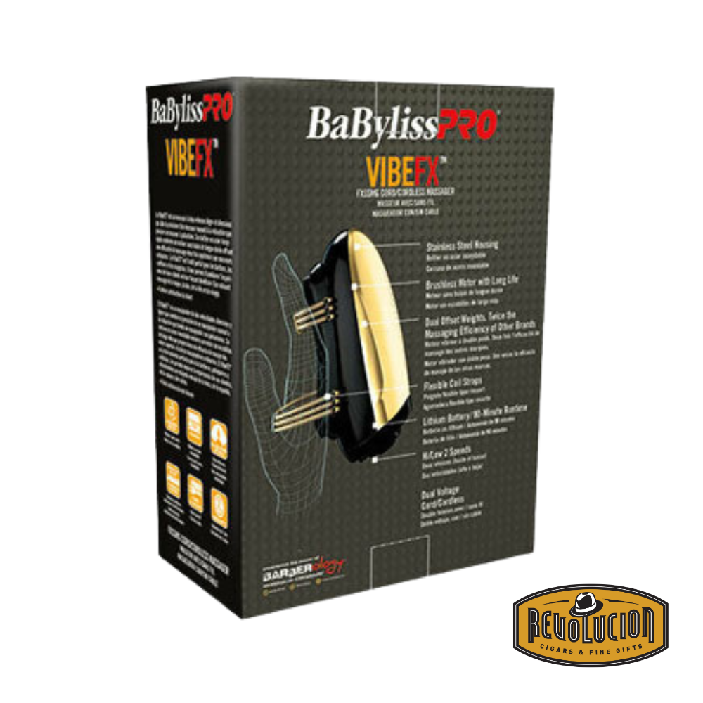 Retail box of the Babyliss Pro Vibefx massager in gold, showing branding and product details.