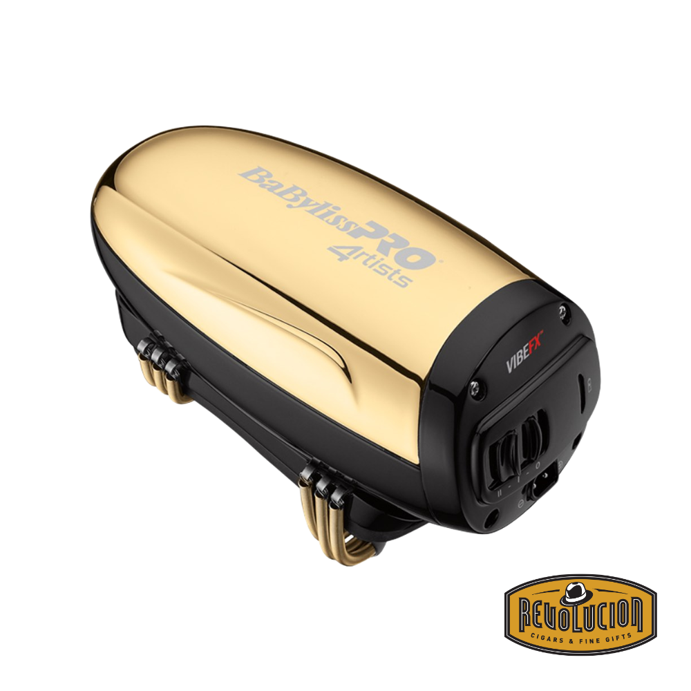 Close-up of the gold Babyliss Pro Vibefx massager showing its sleek and polished design from the front.