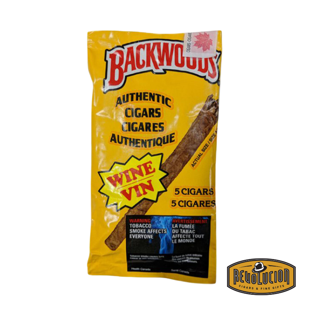 Backwoods Wine Flavored Cigars – pack of 5 machine-made cigars wrapped in natural leaf and infused with wine flavor.