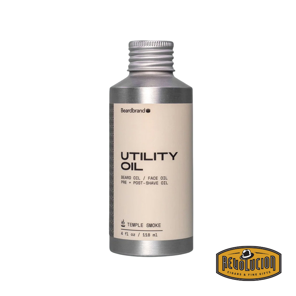 Beardbrand Utility Oil Temple Smoke in a sleek amber bottle with minimalist black label, designed for beard, hair, and skin care.
