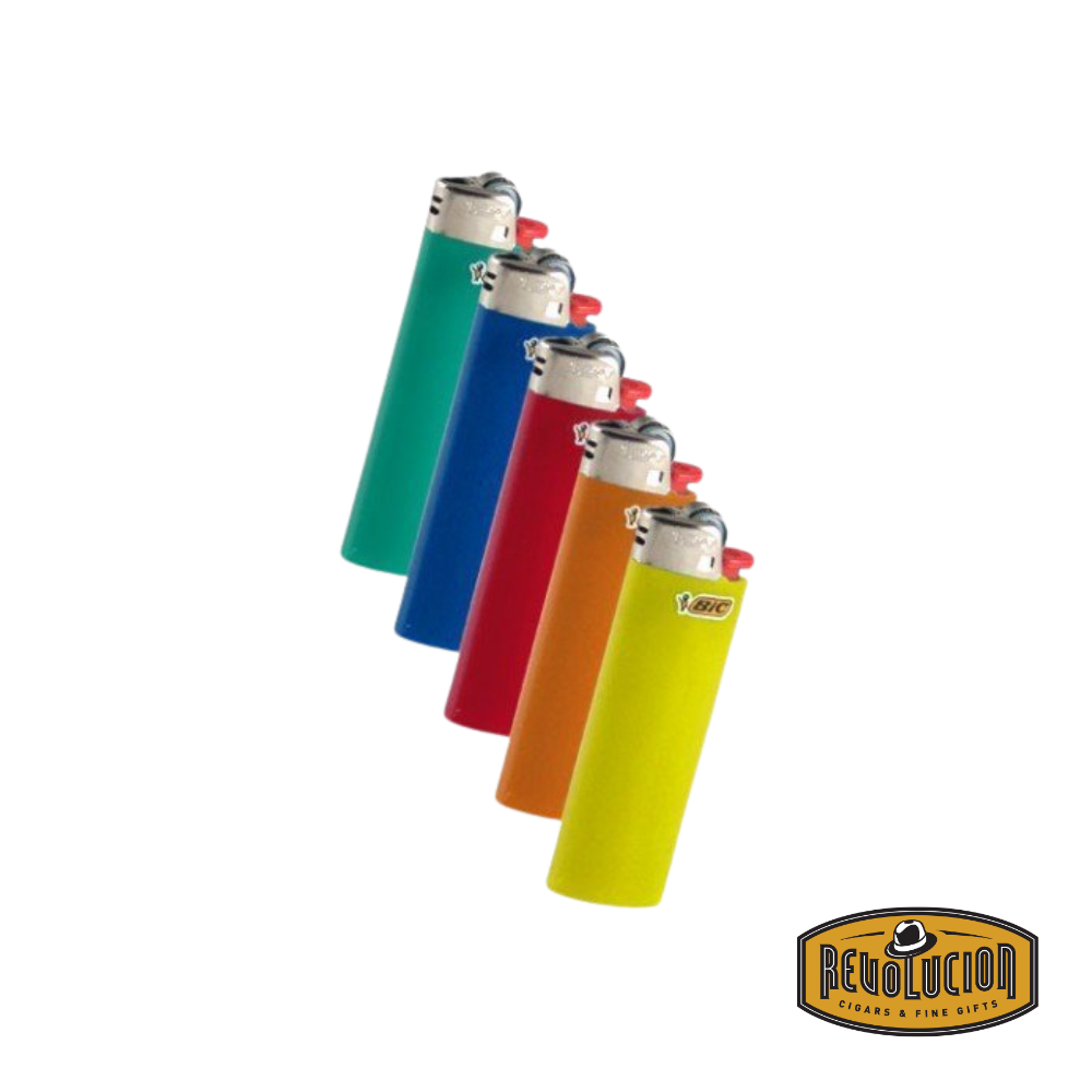 Five Bic Maxi Classic Lighters in different colors, arranged side by side.