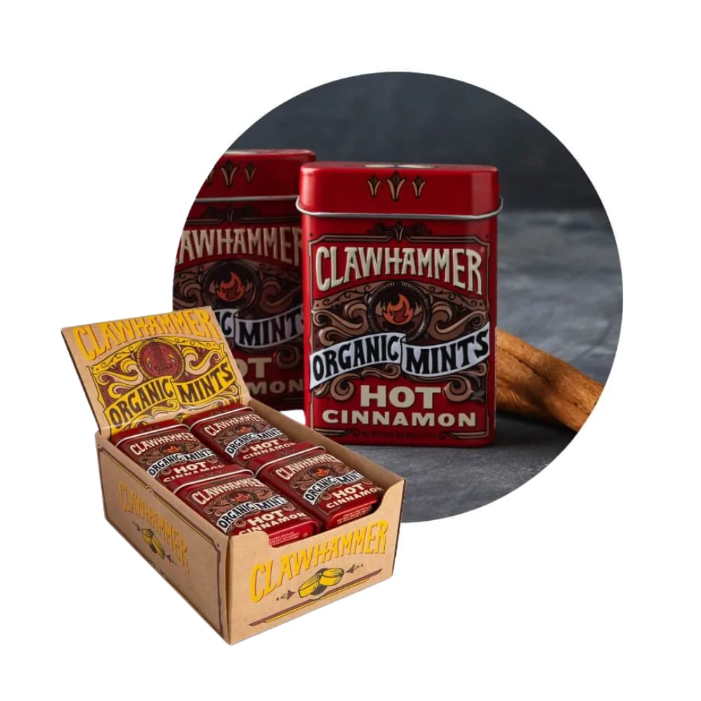 A tin of Big Sky Mints Clawhammer Mints Cinnamon, showcasing its bold and rustic packaging.