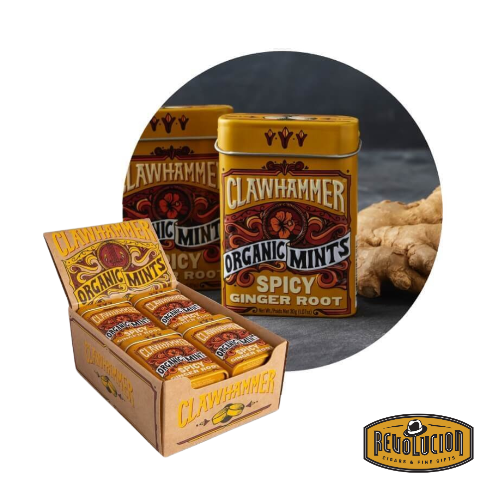 A tin of Big Sky Mints Clawhammer Mints Spicy Ginger with its distinctive rustic packaging design.