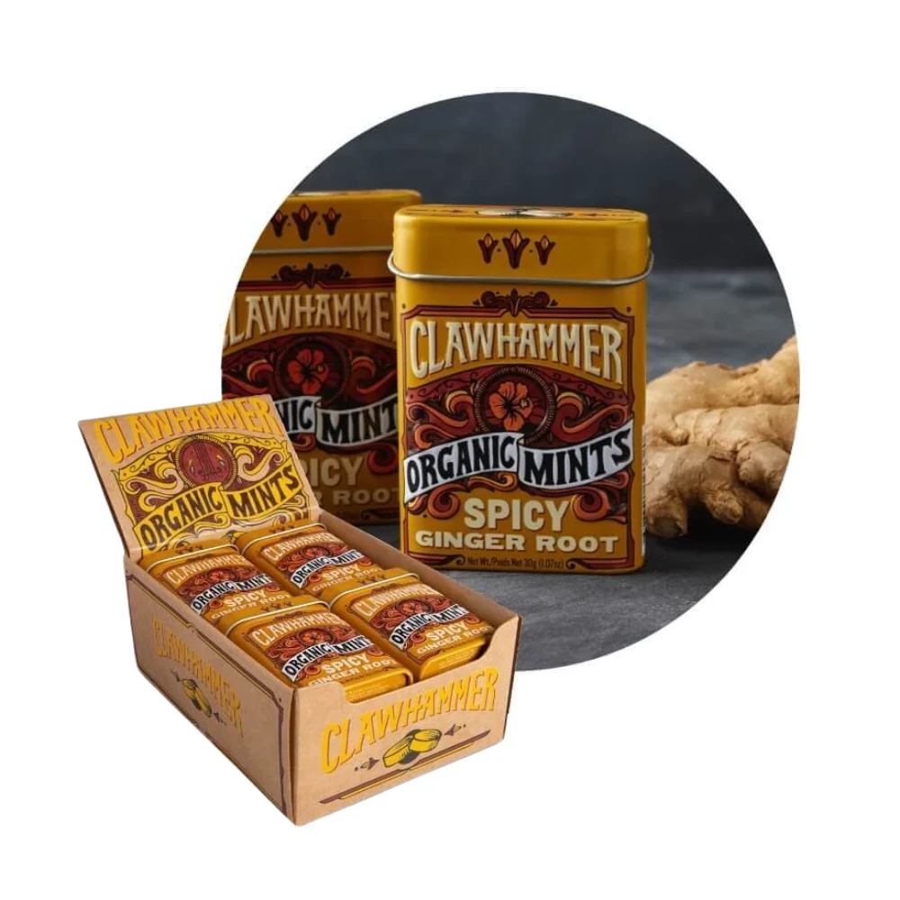 A tin of Big Sky Mints Clawhammer Mints Spicy Ginger with its distinctive rustic packaging design.