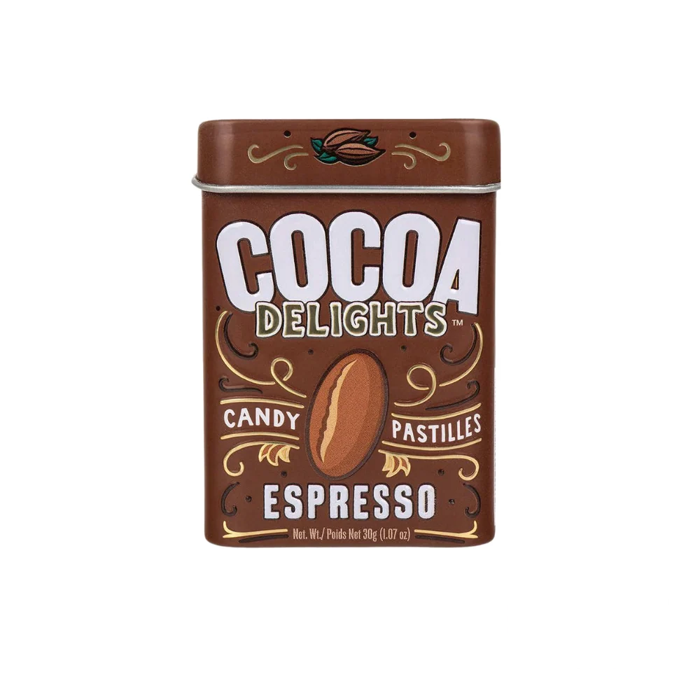 A single tin of Big Sky Mints Cocoa Delights Espresso, showcasing the elegant packaging.