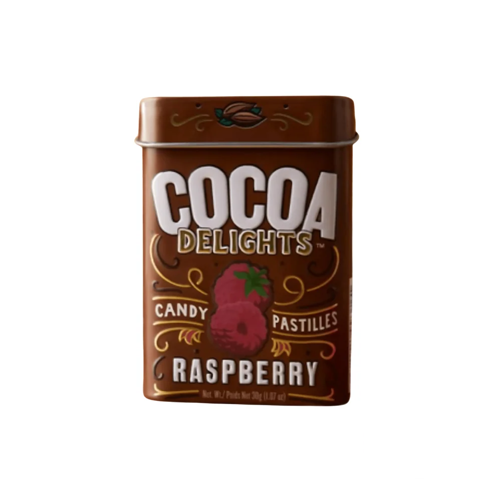 A single tin of Big Sky Mints Cocoa Delights Raspberry, highlighting the sleek design.