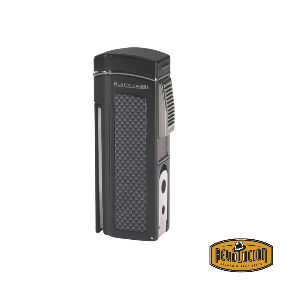 Black Label Dominator Table Quad Flame Lighter in Black, featuring a sleek and modern front design.