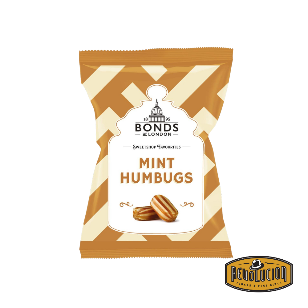 Bonds Mint Humbugs candy bag with British price marking, showcasing striped mint toffees in clear packaging.