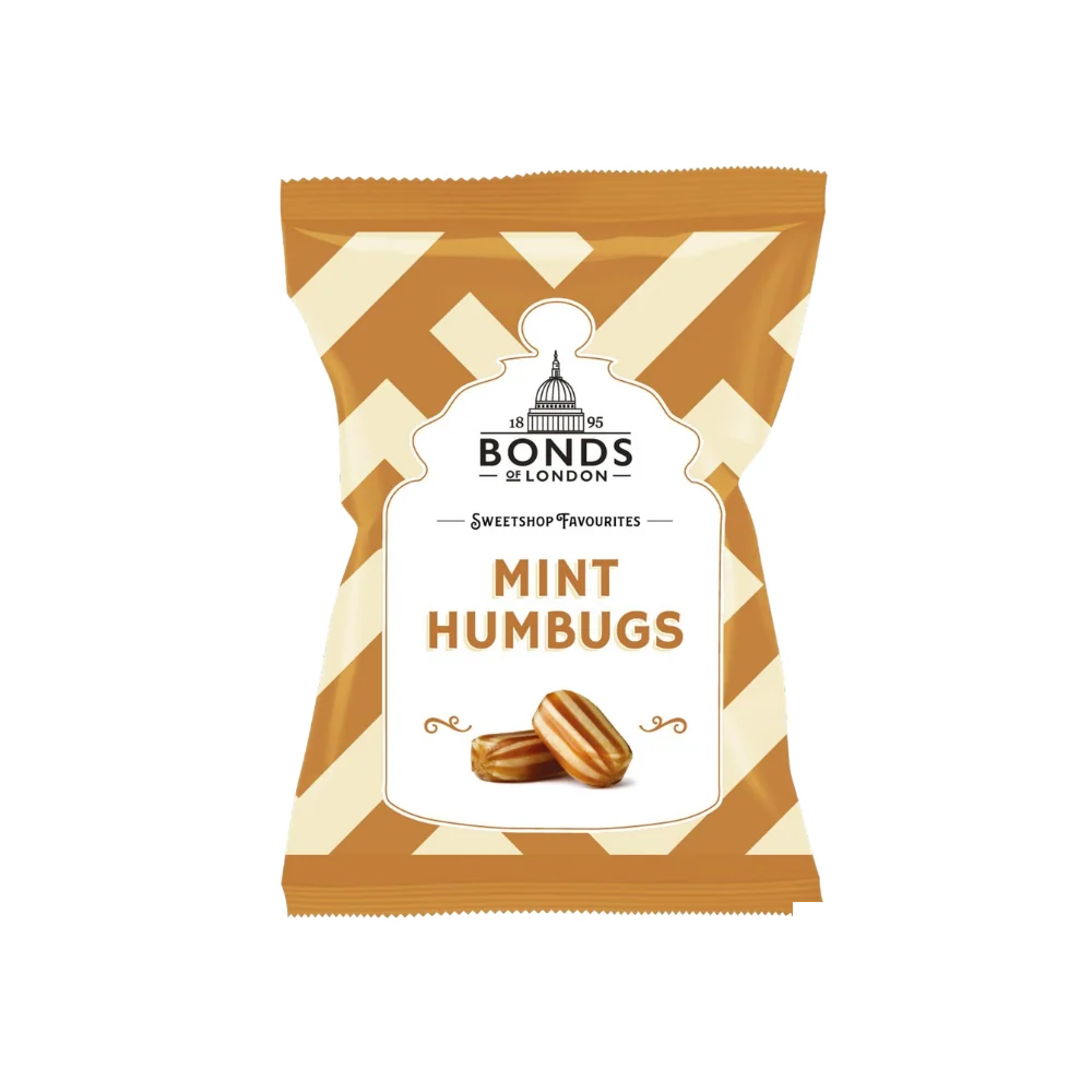 Bonds Mint Humbugs candy bag with British price marking, showcasing striped mint toffees in clear packaging.