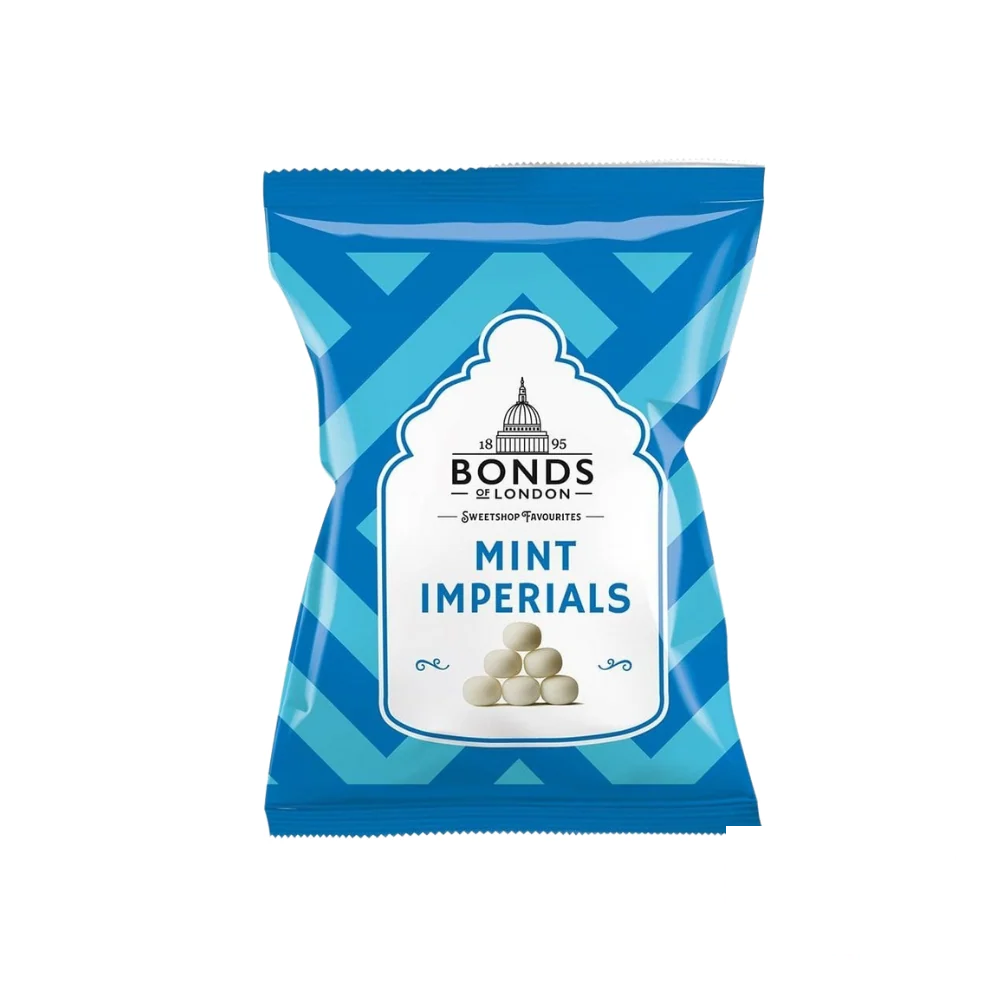 Bonds Mint Imperials candy bag with British price marking, showing white mint candies through packaging.