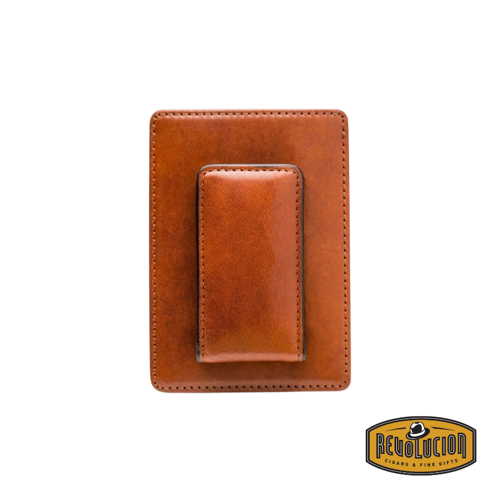 Back view of the Bosca Deluxe Front Pocket Wallet in amber leather, highlighting its smooth texture and elegant stitching for a timeless and durable finish.