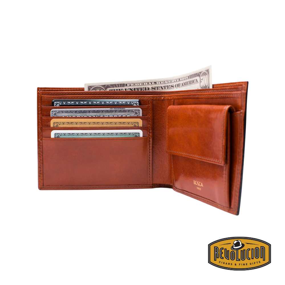 Bosca Executive Wallet with Coin Pocket RFID in amber leather, featuring multiple card slots, a spacious bill compartment, and a secure coin pocket for added functionality.