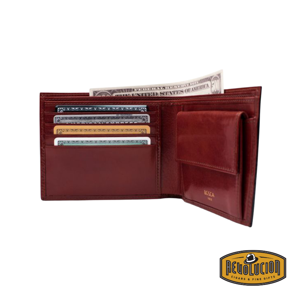Bosca Executive Wallet in brown leather with RFID protection and a built-in coin pocket.