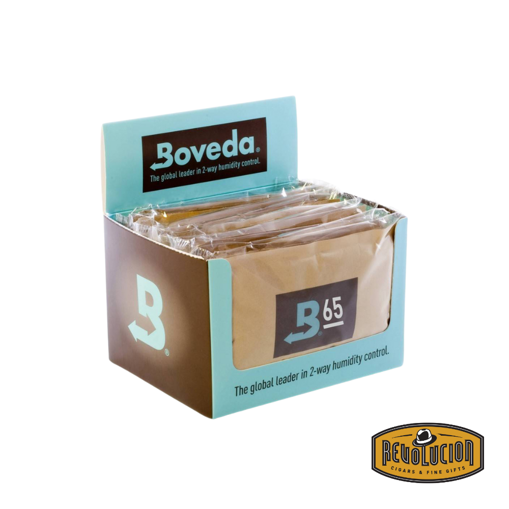A Boveda 65% Humidipack with its packaging, ideal for maintaining a slightly drier environment for cigar preservation.