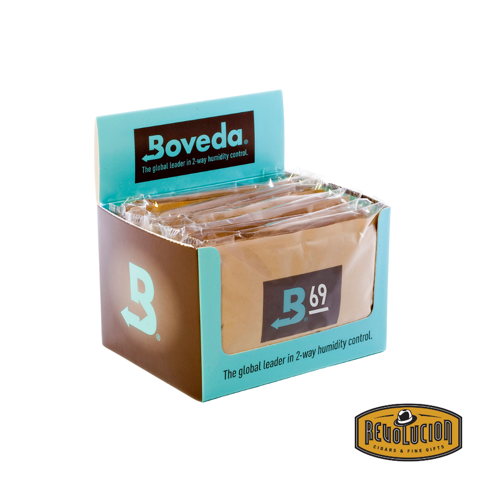 A Boveda 69% Humidipack in its packaging, designed to maintain a stable humidity level for cigars in most standard humidors.