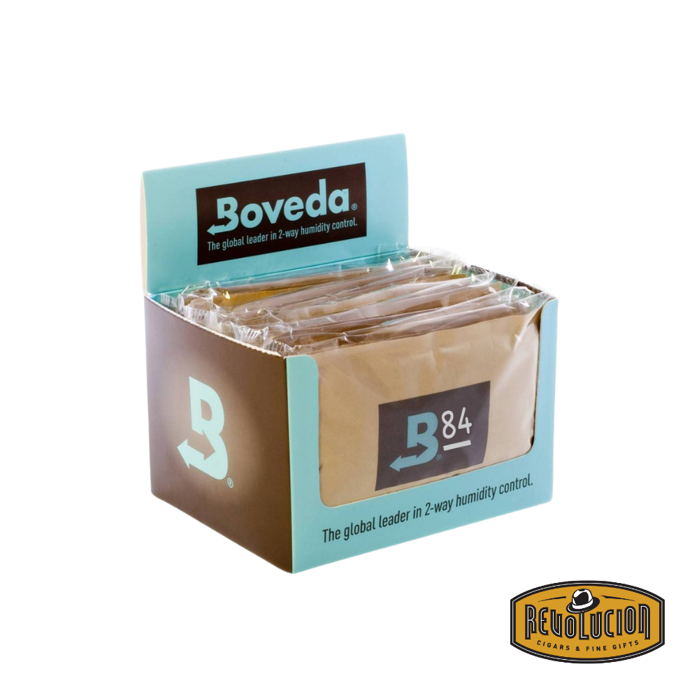 Boveda 84% Humidipack with its box, specifically designed for seasoning humidors to create the perfect storage conditions.