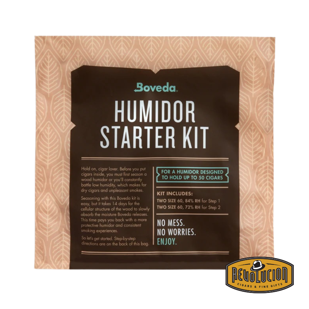 Boveda Starter Kit Front – includes humidity control packs and holder for preserving cigars in optimal conditions.