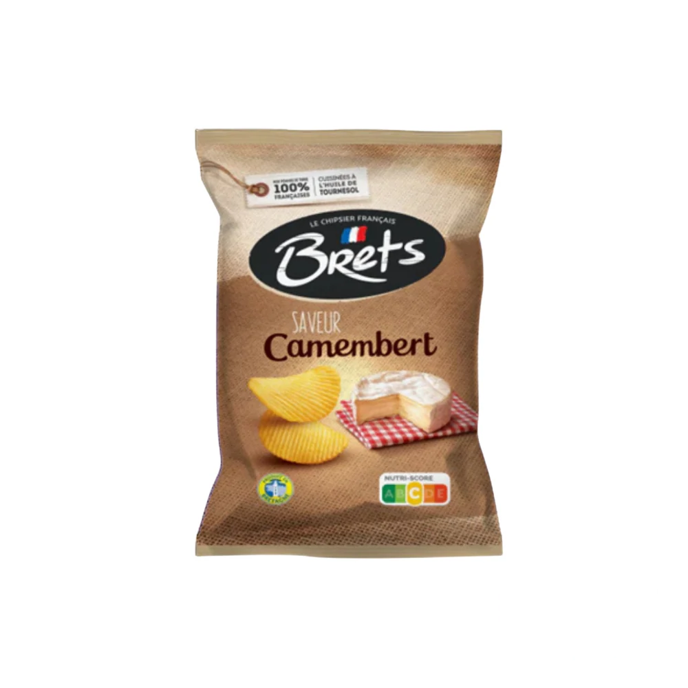 Bag of Brets Camembert Chips with French packaging design, showcasing a wedge of creamy Camembert cheese and golden potato chips on the front.