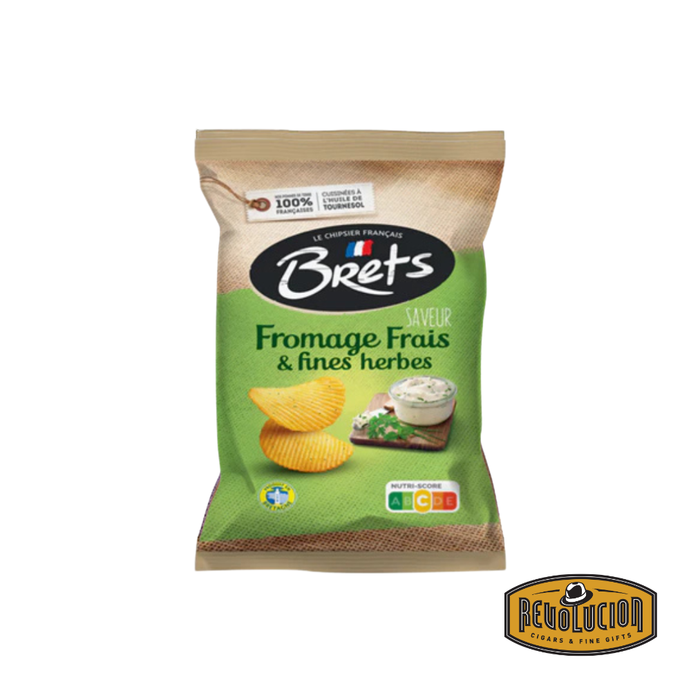 Bag of Brets Fine Herbs and Cream Cheese Chips featuring vibrant green accents, images of fresh herbs, cream cheese, and golden potato chips on the front.