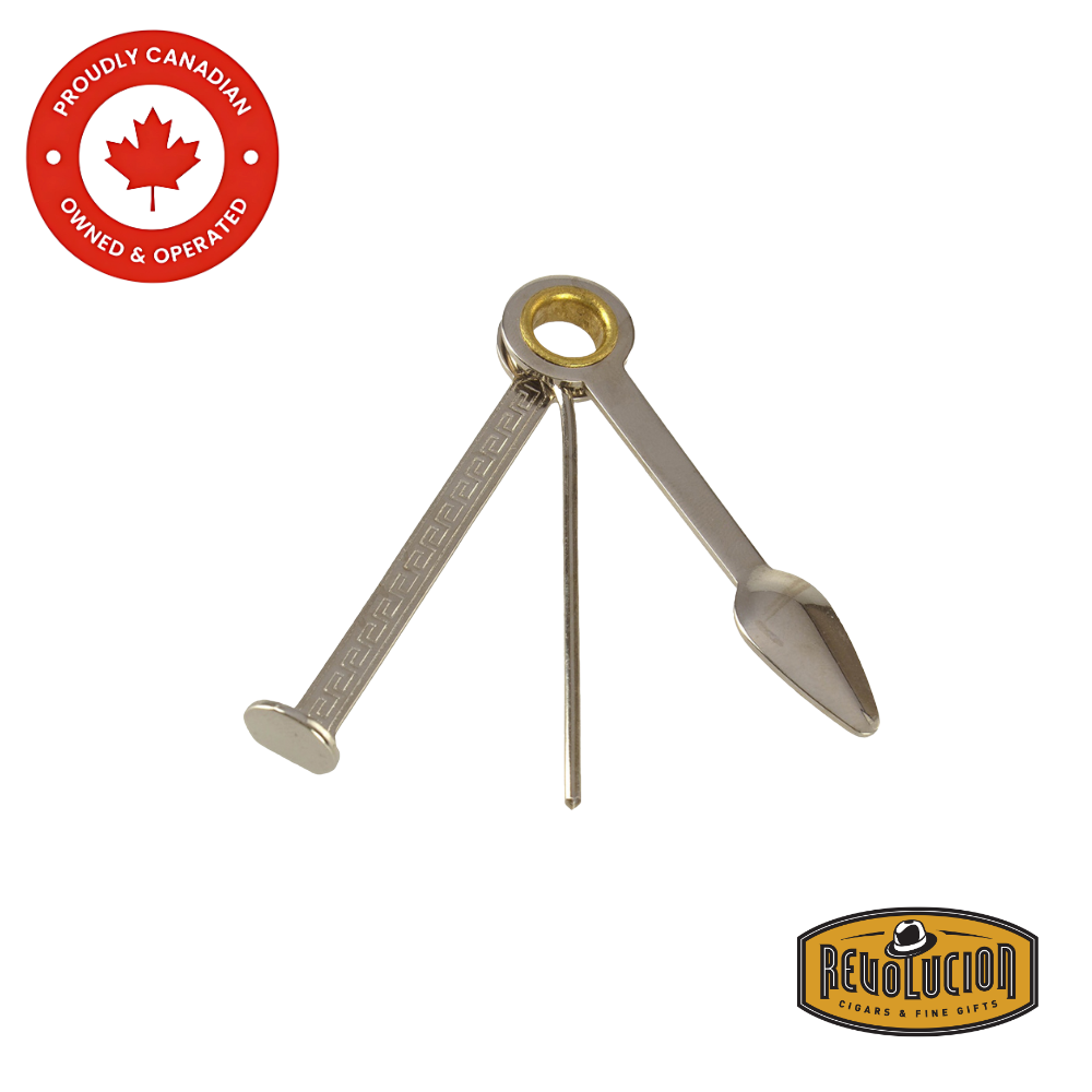 Brigham 3-Piece Pipe Tool displayed with pick, scoop, and tamper extended.