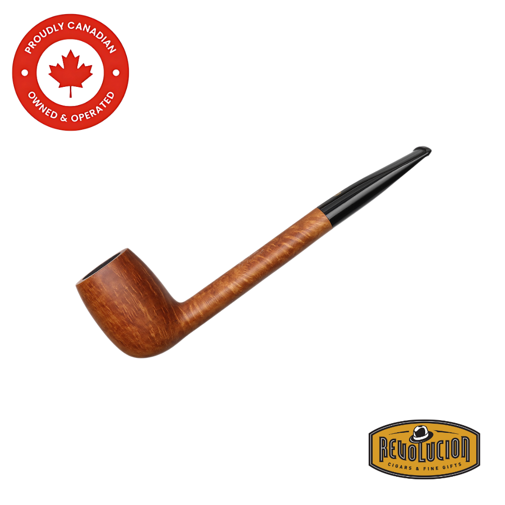 Diagonal view of the Brigham Acadian #19 smoking pipe, highlighting its curved bowl, tapered stem, and polished wood grain.