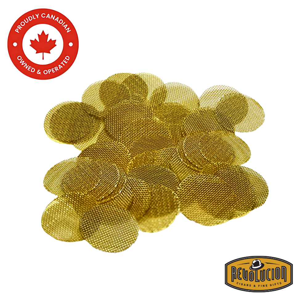 A large collection of Brigham Brass Pipe Screen Filters spread out.