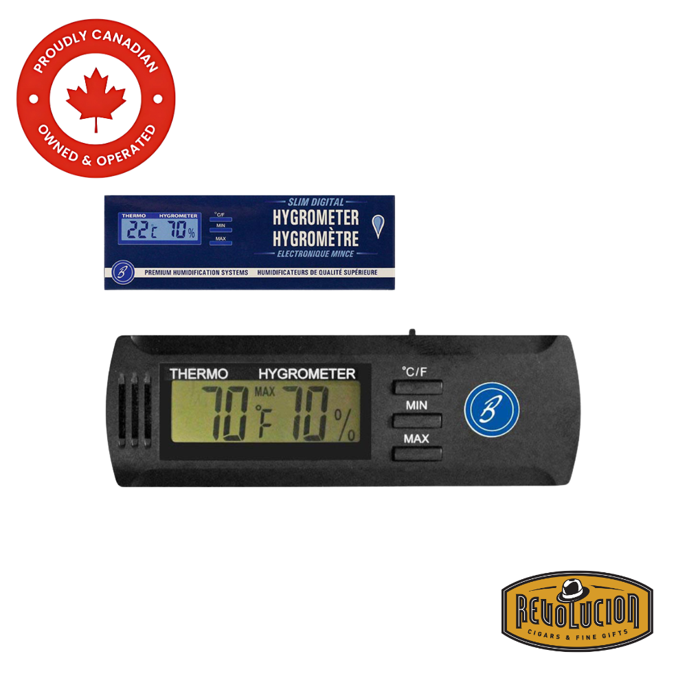 Brigham Enterprises Digital Slim Hygrometer with its packaging in the background, featuring a modern, slim design for accurate humidity and temperature control in humidors.