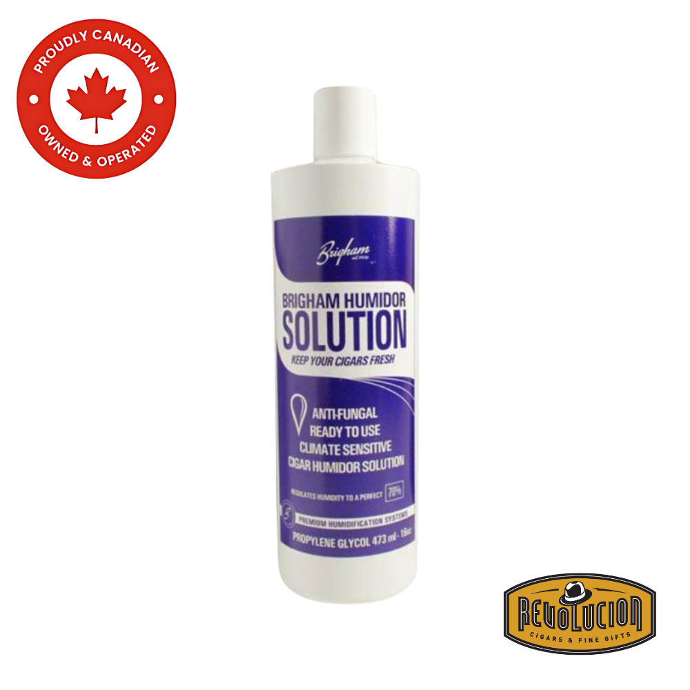 A bottle of Brigham Humidor Solution, a premium liquid designed to regulate humidity and preserve cigar quality.