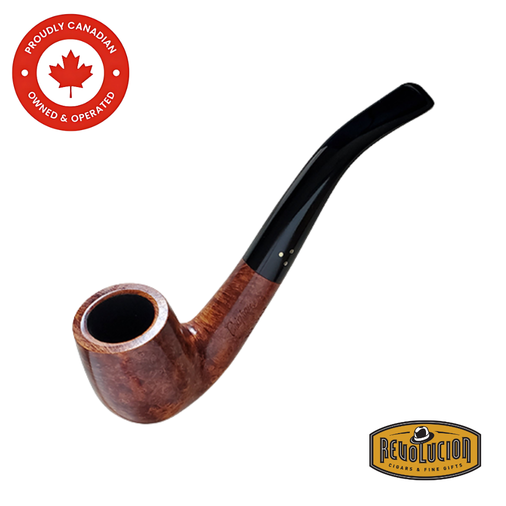 Brigham Mountaineer #23 Smoking Pipe shown from an angled perspective, highlighting its rich briar grain, smooth curves, and contrasting black bent stem.