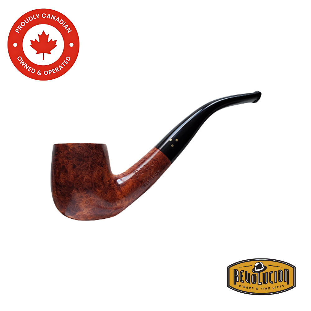 Side profile of the Brigham Mountaineer #23 Smoking Pipe, emphasizing the elegant bent shape and warm, polished wooden bowl.