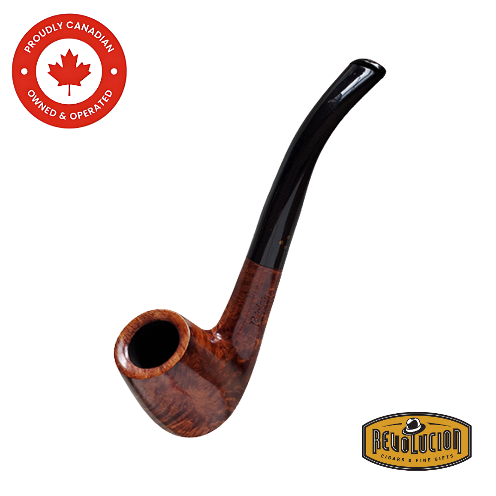 Brigham Mountaineer #84 smoking pipe in a bent shape, crafted from warm-toned briar wood with a polished finish and a sleek black mouthpiece, showcasing traditional Canadian craftsmanship.