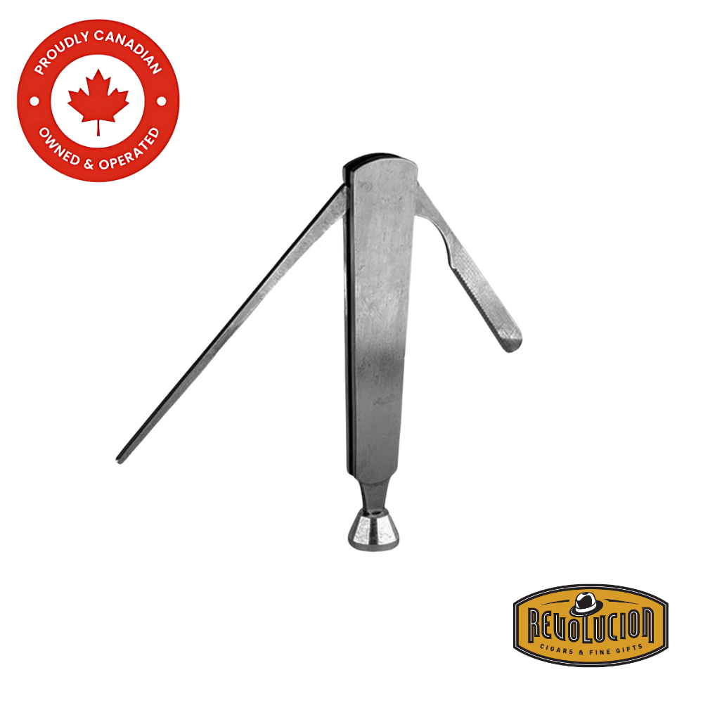 Silver metal pipe tool partially unfolded, highlighting its compact and portable design. Revolucion Cigars & Fine Gifts logo in the bottom corner.