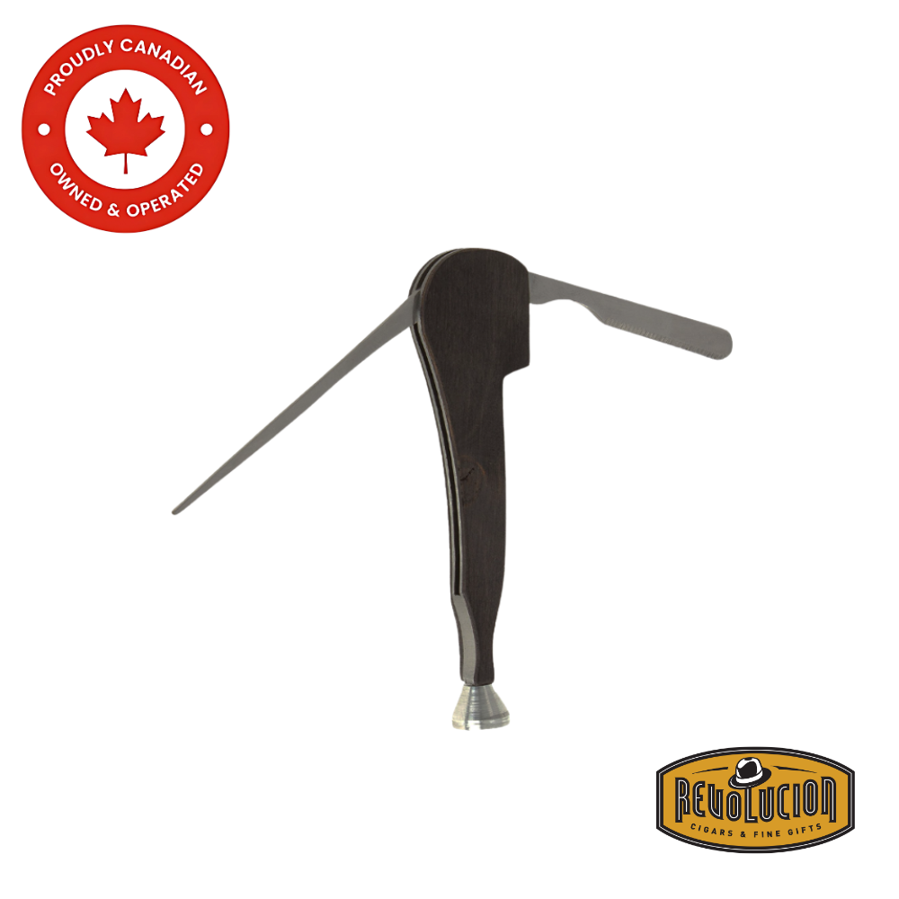 Pipe shaped wooden pipe tool fully extended, showing the tamper, reamer, and scraper components. Revolucion Cigars & Fine Gifts logo in the bottom corner.