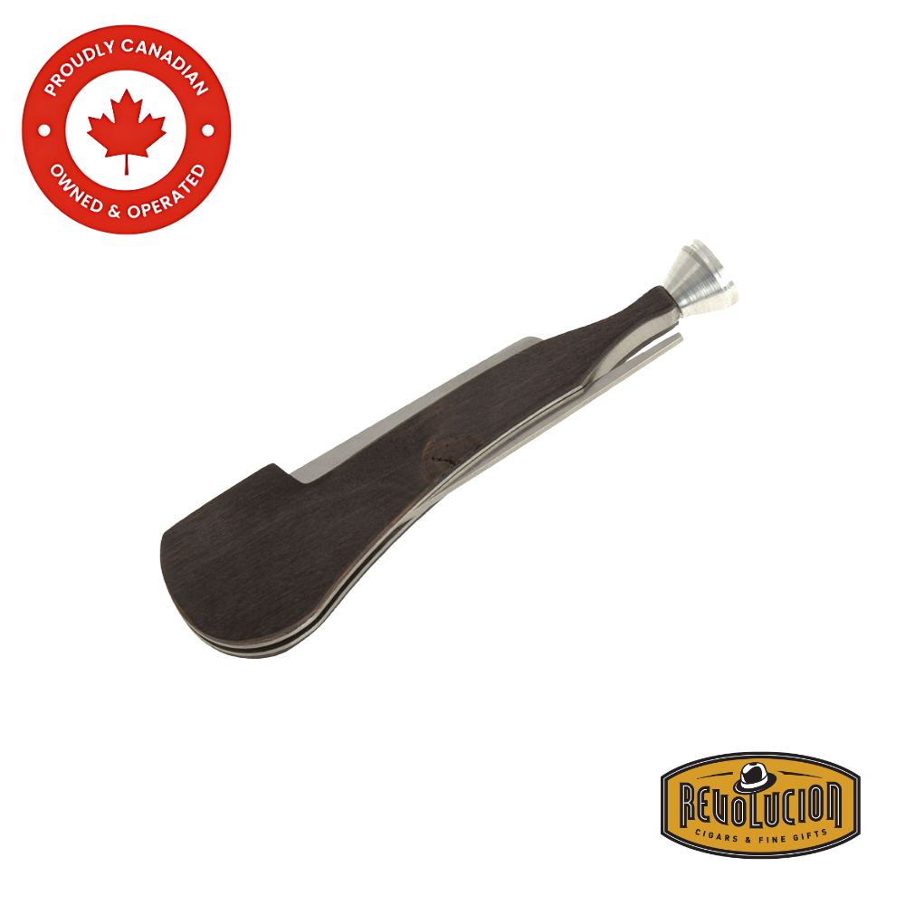Pipe shaped wooden pipe tool folded, highlighting its compact design. Revolucion Cigars & Fine Gifts logo in the bottom corner.