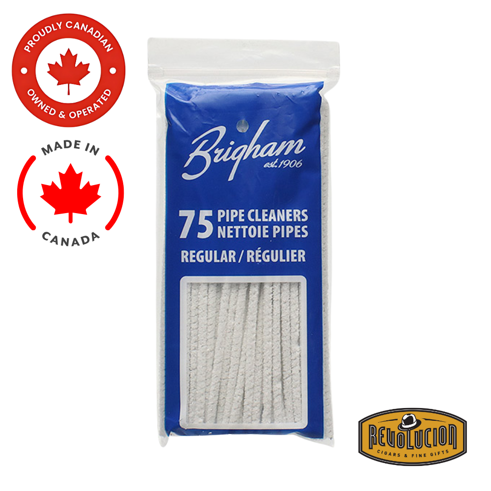 Brigham Regular Pipe Cleaners 75 Pack, showing a bundle of white, flexible cleaners designed for maintaining smoking pipes.